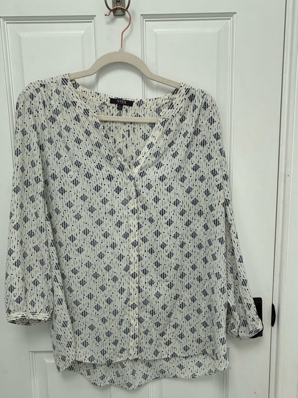 NYDJ Cream Blouse with Navy Geometric Print